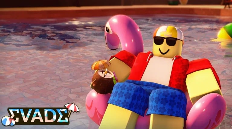 Personaje de Evade en Roblox con gafas de sol en una piscina Evade Roblox personaje