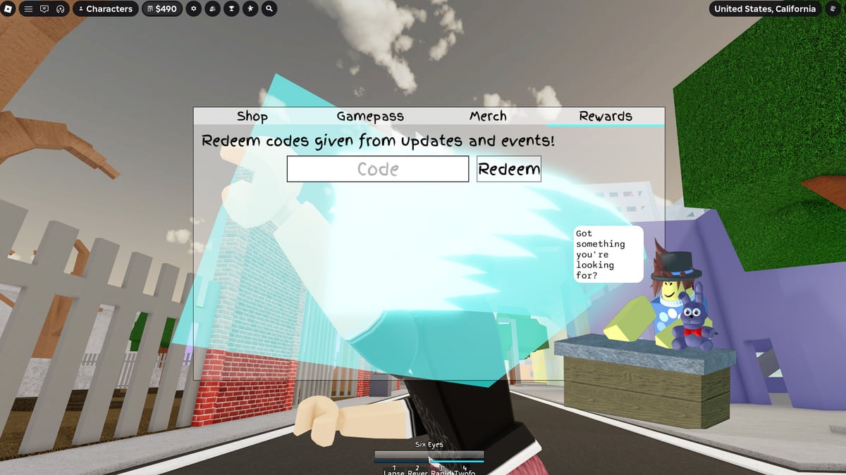 Menu de recompensas no Jujutsu Shenanigans