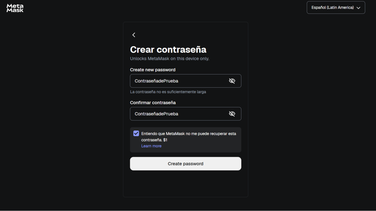 Creación de contraseña