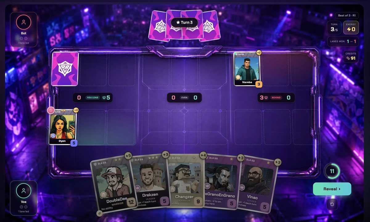 Screenshot of an OLA TCG Battle match with 3 lanes
