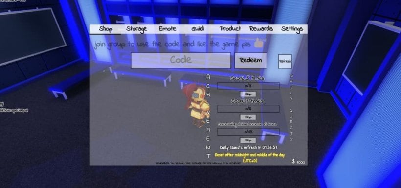 Menu de recompensas no Azure Latch Janela para resgatar códigos no Azure Latch