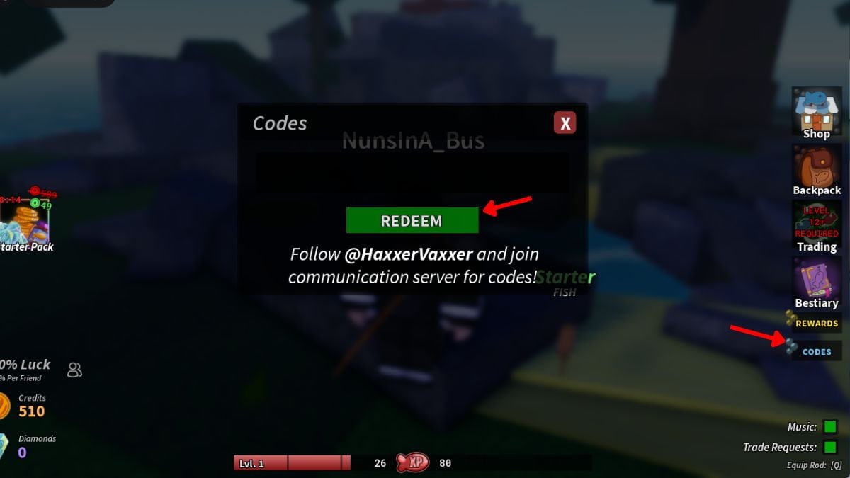 Roblox redemption interface Redemption menu in game