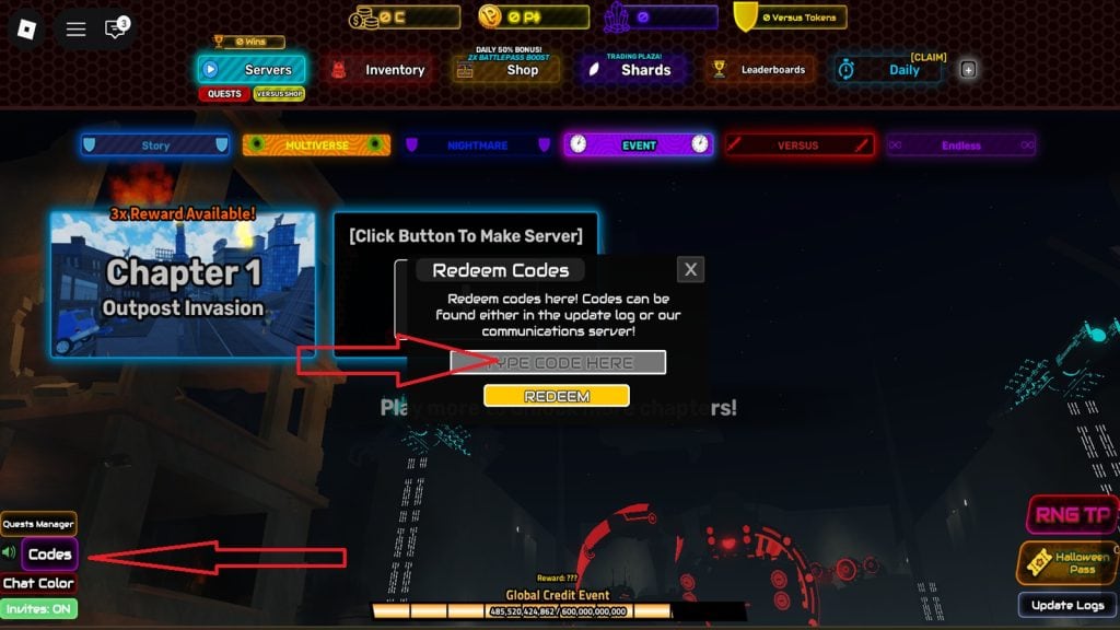 Codes menu in Skibi Defense Skibi Defense redemption menu