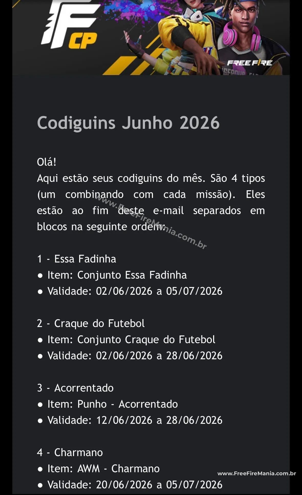Free Fire Codes Rewards June 2026 Essa Fadinha bundle Free Fire