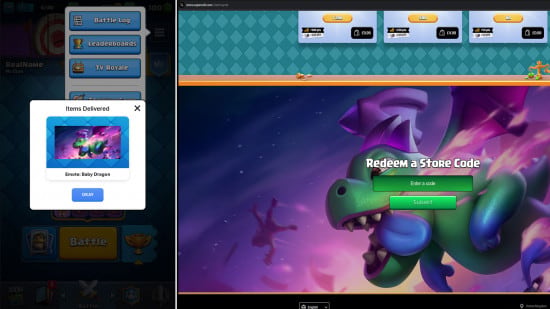 Clash Royale code redemption screen